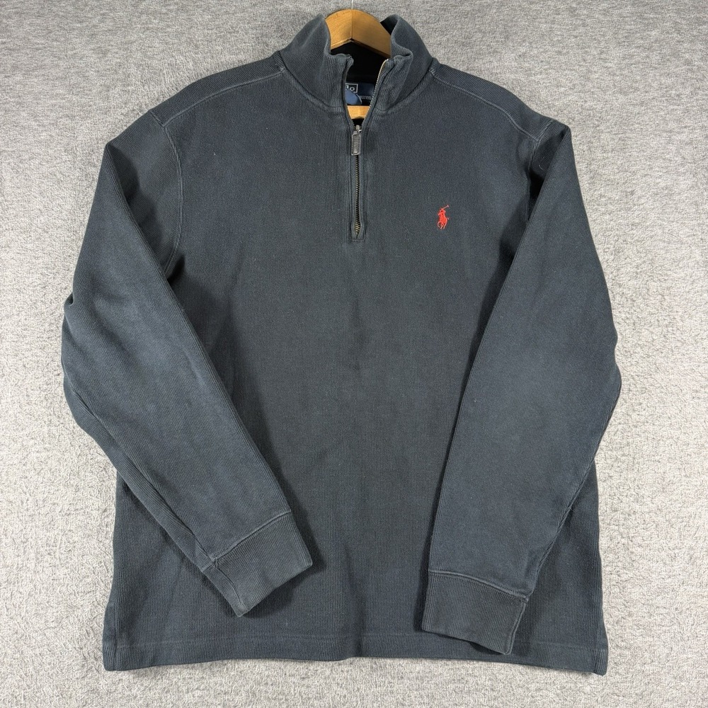 Polo Ralph Lauren Mens Black Quarter Zip Cotton Knit Pullover Sweater Size M